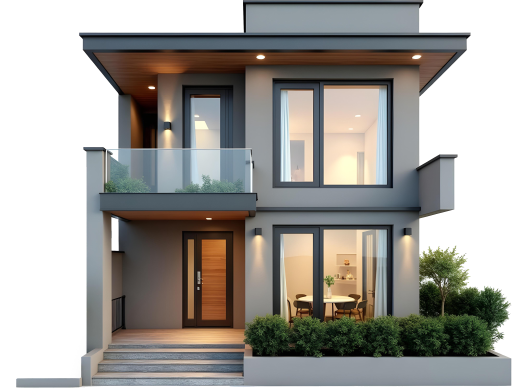 Modern two-storey home lit at dusk