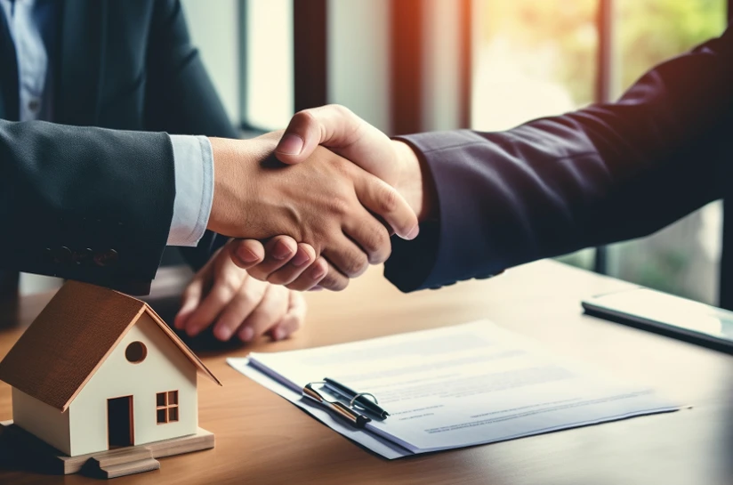 Buyer and seller shaking hands over a sale contract