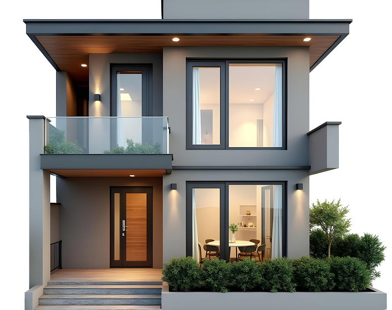 Modern two-storey home lit at dusk
