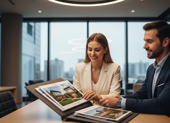 Couple reviewing a property brochure