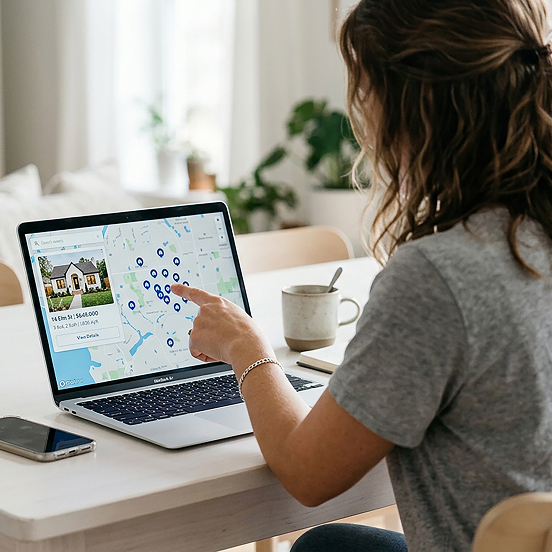 Couple reviewing property listings for sale online