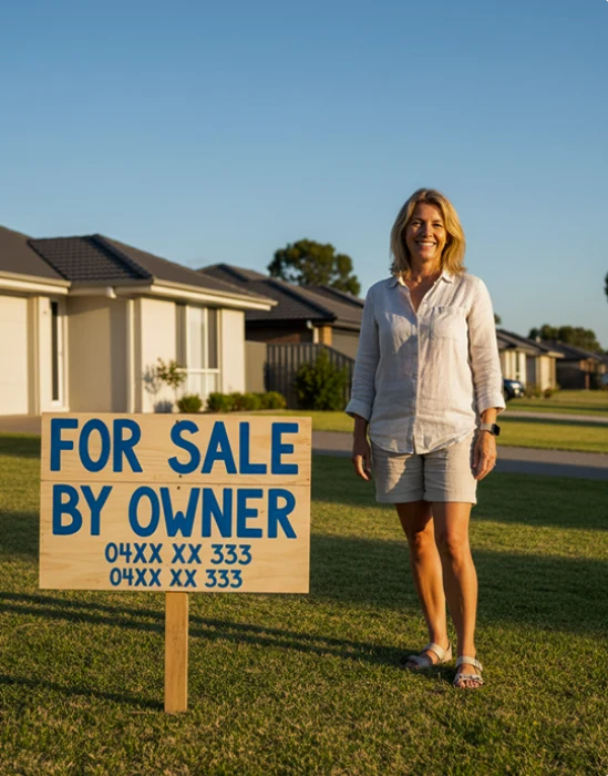 Homeowner beside a For Sale By Owner sign in front of their home