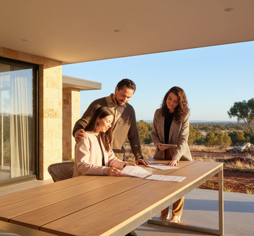 Couple discussing a private property sale with a consultant