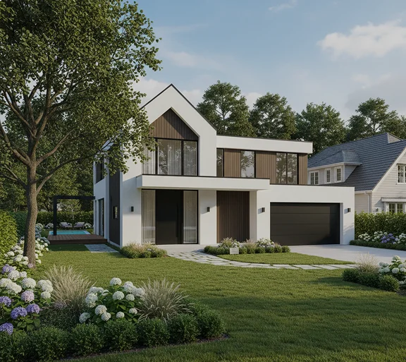 Two-storey family home with a landscaped lawn