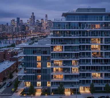 Inner-city apartment building at dusk