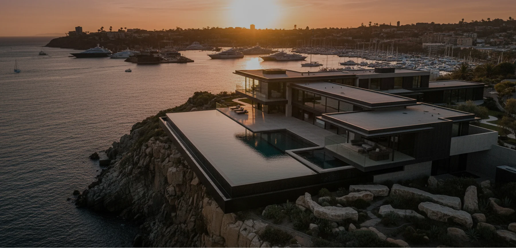 Modern clifftop home overlooking the harbour at sunset